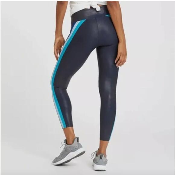 Spanx Faux Vegan Leather High Waist Blue Track Stripe Leggings Women's Small - Picture 7 of 11